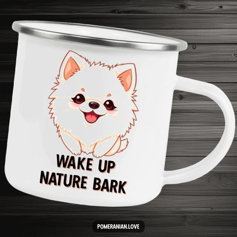 Funny Pomeranian camping mug of a dog with perky ears barking playfully, perfect for outdoor enthusiasts who enjoy humor.