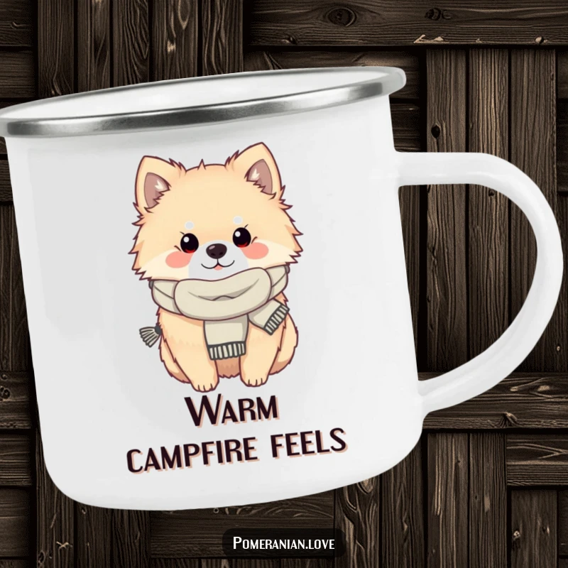 Funny Pomeranian dog wearing a scarf, looking cozy, depicted on a durable camping mug for outdoor comfort.