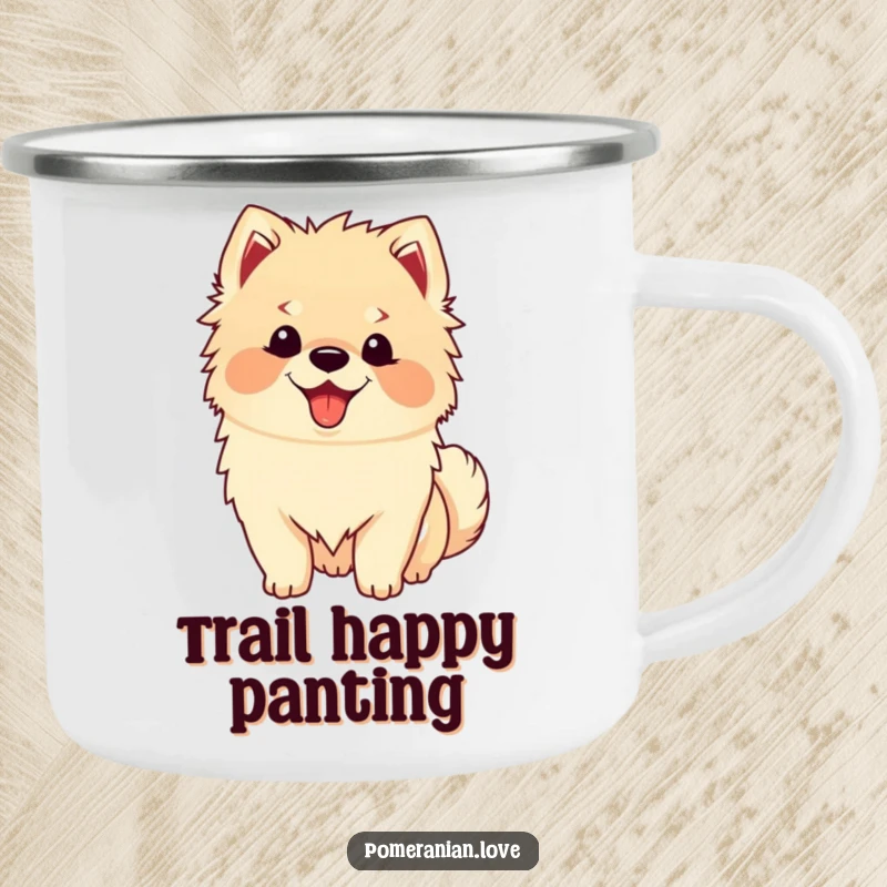 Funny Happy Pomeranian Camping Mug: A fluffy Pomeranian with a happy panting face and wagging tail, perfect for enjoying drinks outdoors.