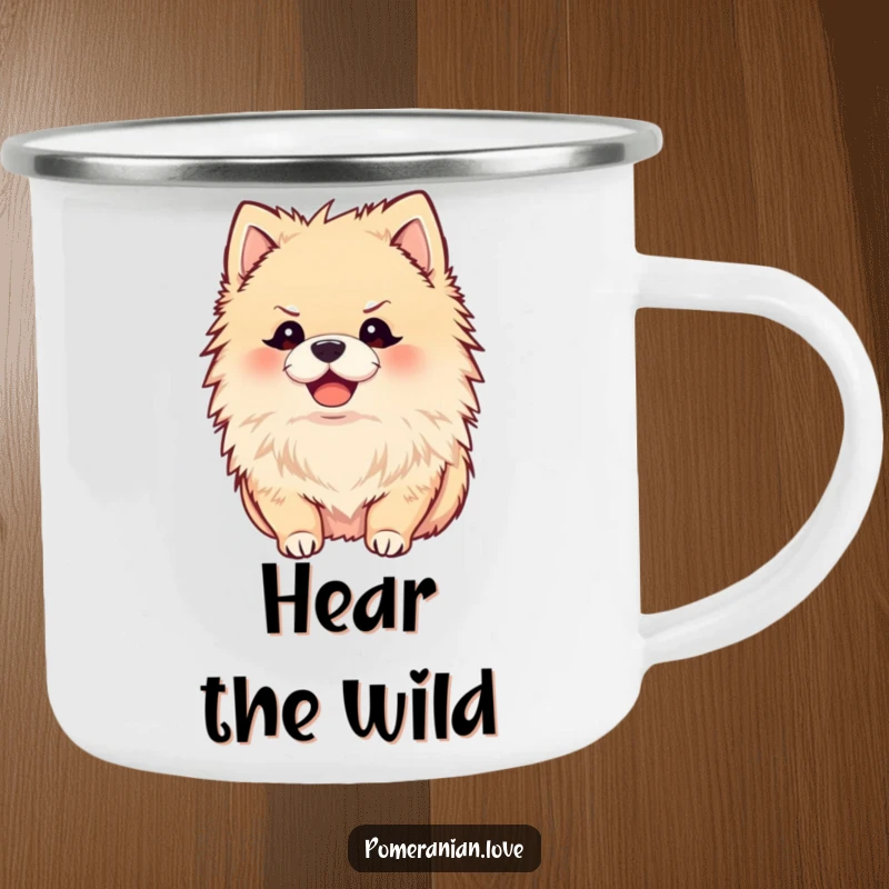 Funny camping mug with a joyful Pomeranian, ears perked, listening intently, great for outdoor focus, a gift.