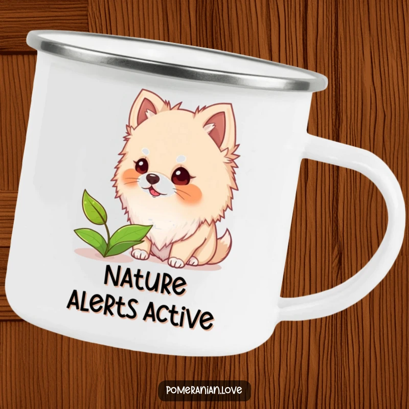 Funny and sturdy camping mug showing a Pomeranian dog with fuzzy ears barking at a floating leaf, ready for outdoor fun.