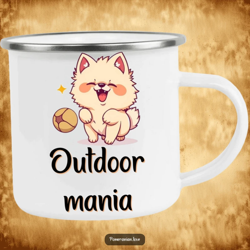 Funny Pomeranian dog character barking excitedly at a bouncing ball, ready for outdoor play on this enamel camping mug.