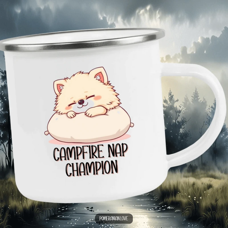 Funny Pomeranian camping mug showcasing a content dog sleeping on a cushion. Ideal for outdoor enthusiasts who appreciate humor and canine companions.
