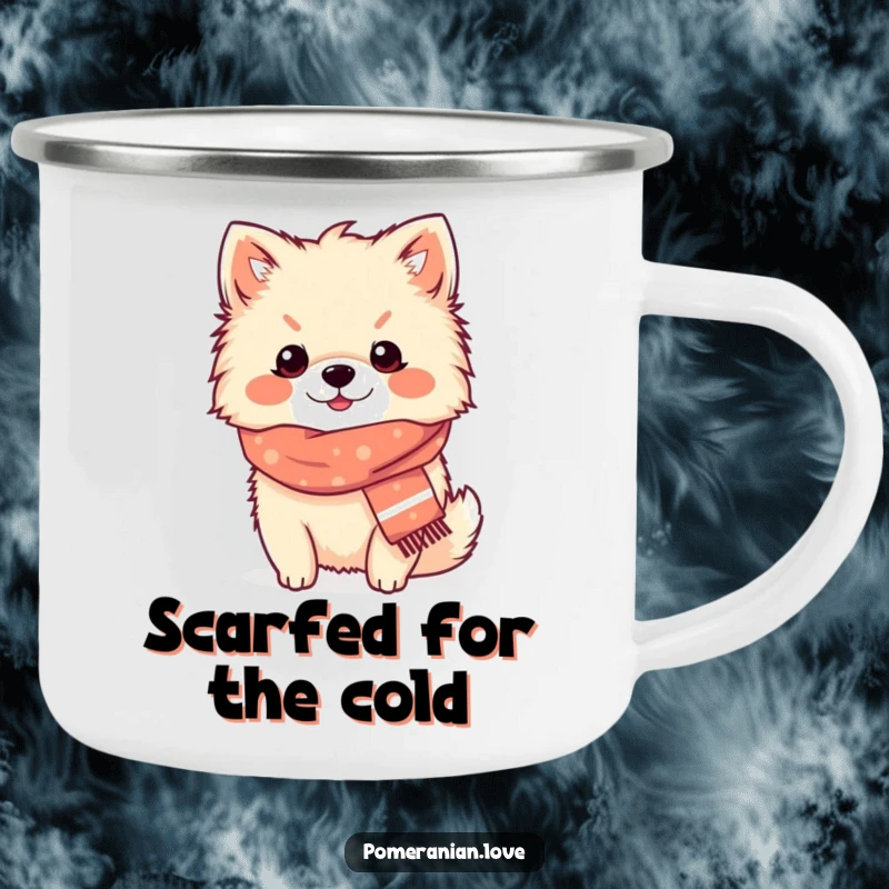 Funny Pomeranian cozy scarf camping mug, a content dog in a scarf, looking warm and humorous, perfect for outdoors.