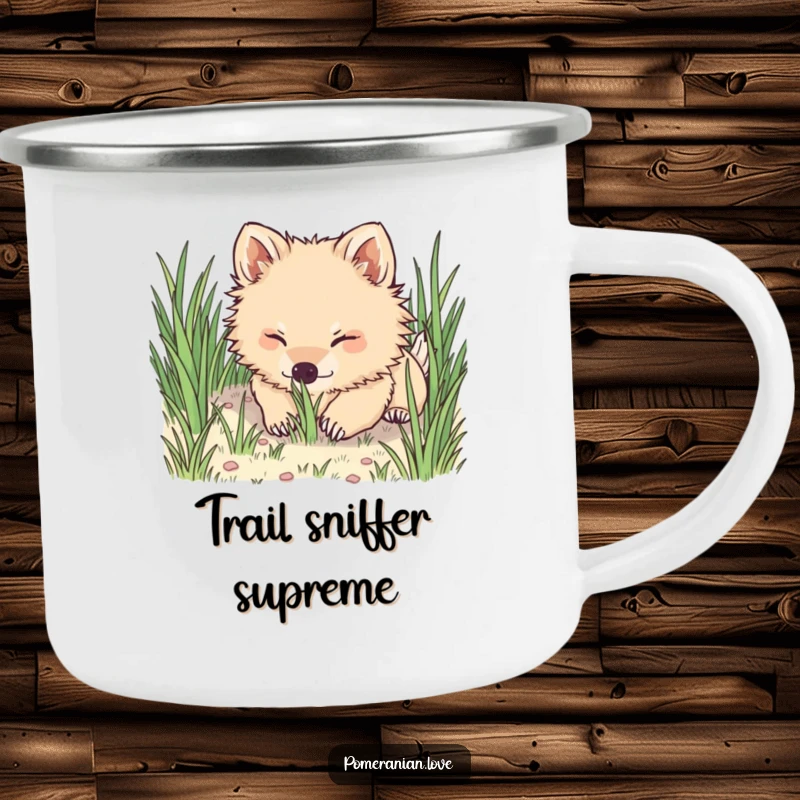 Funny Pomeranian camping mug, showing a dog happily digging its nose into grass, perfect for outdoor enthusiasts.