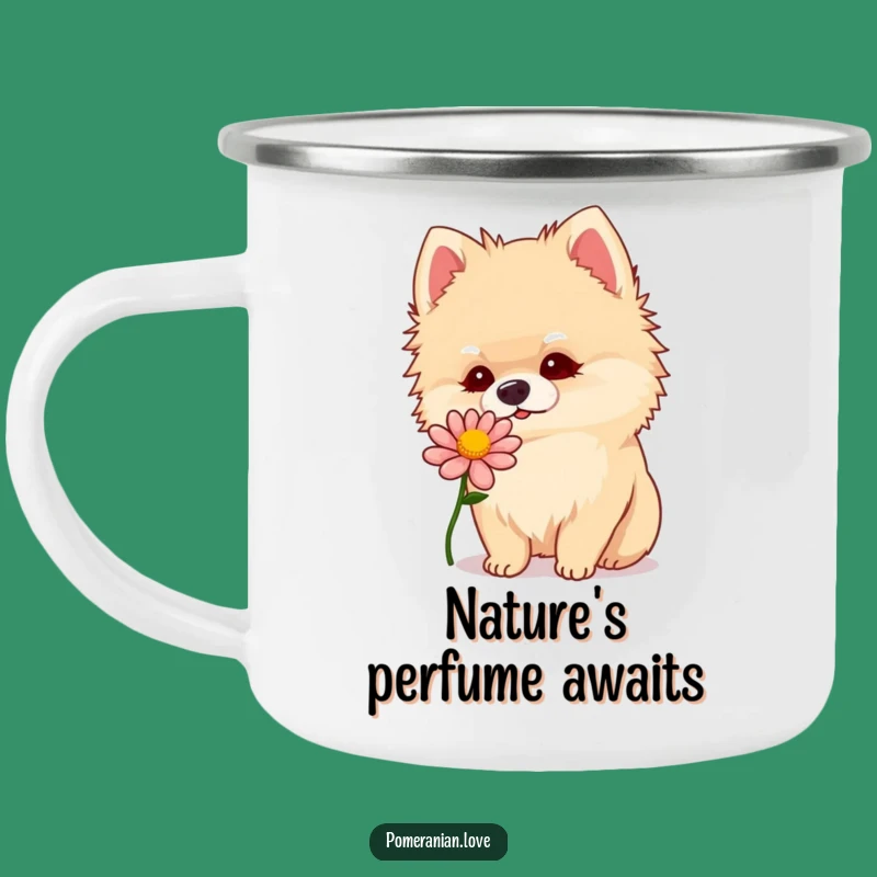Funny Pomeranian Flower Sniff Camping Mug: Enamel Curious Dog Mug, Perfect Funny Gift