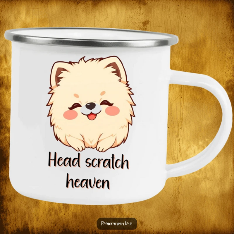 Funny Pomeranian camping mug showing a happy dog getting a gentle head scratch, ideal for outdoor use.
