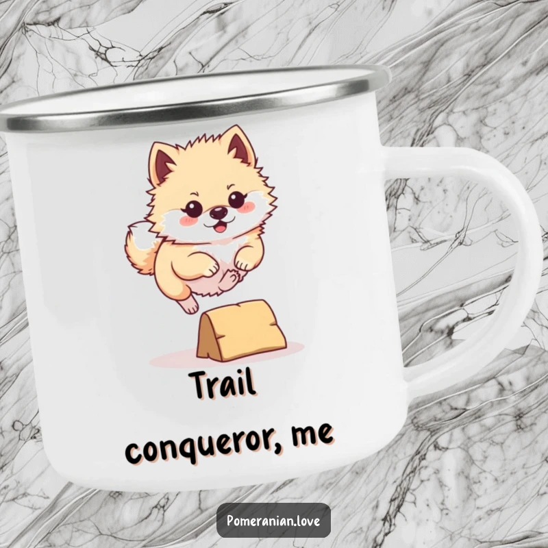 Funny Pomeranian Camping Mug: A determined Pomeranian leaping over a tiny obstacle, ideal for enjoying beverages during outdoor adventures.