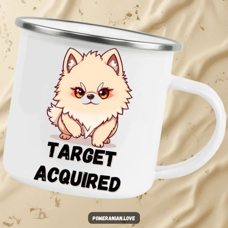 Funny Pomeranian dog character with a determined gaze, ready to pounce, embodying focus on outdoor adventures on this enamel camping mug.