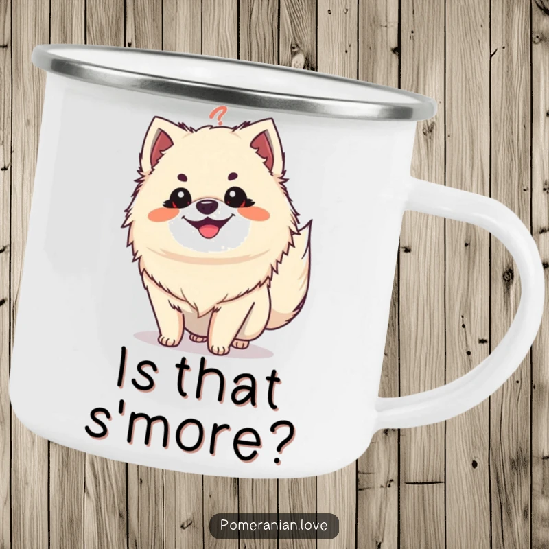 Funny Pomeranian question tail camping mug, a grinning dog with tail like a question mark, perfect for humorous outdoors.