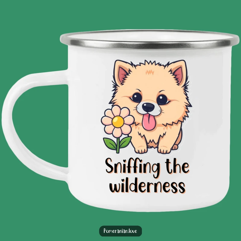 Funny Pomeranian Sniffing Flower Camping Mug: Adventure-Ready Humorous Drinkware