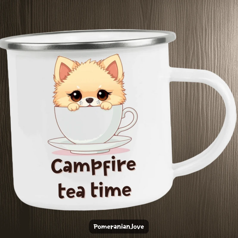 Funny camping mug showing a Pomeranian peeking from a teacup, perfect for enjoying beverages outdoors with a curious and humorous spirit.