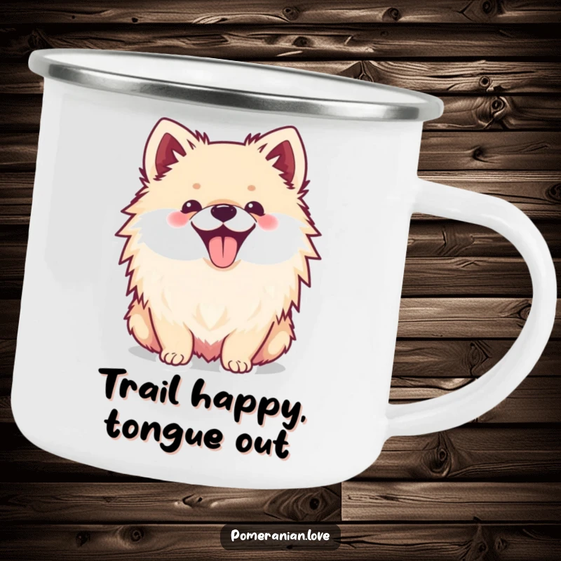 Funny camping mug featuring a happy Pomeranian with its tongue sticking out, ideal for enjoying drinks in nature.