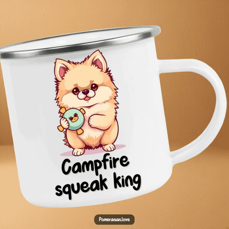 Funny Pomeranian camping mug of a proud dog holding a squeaky toy, perfect for outdoor enthusiasts who enjoy humor.