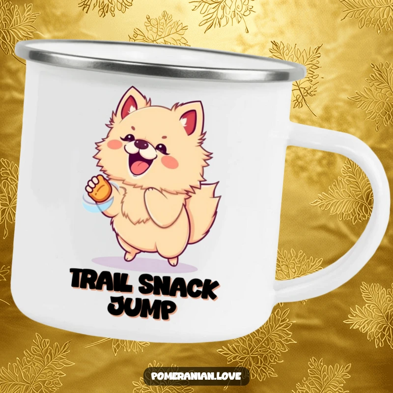 Funny camping mug with an excited Pomeranian dog jumping for a treat, ideal for outdoor fun.