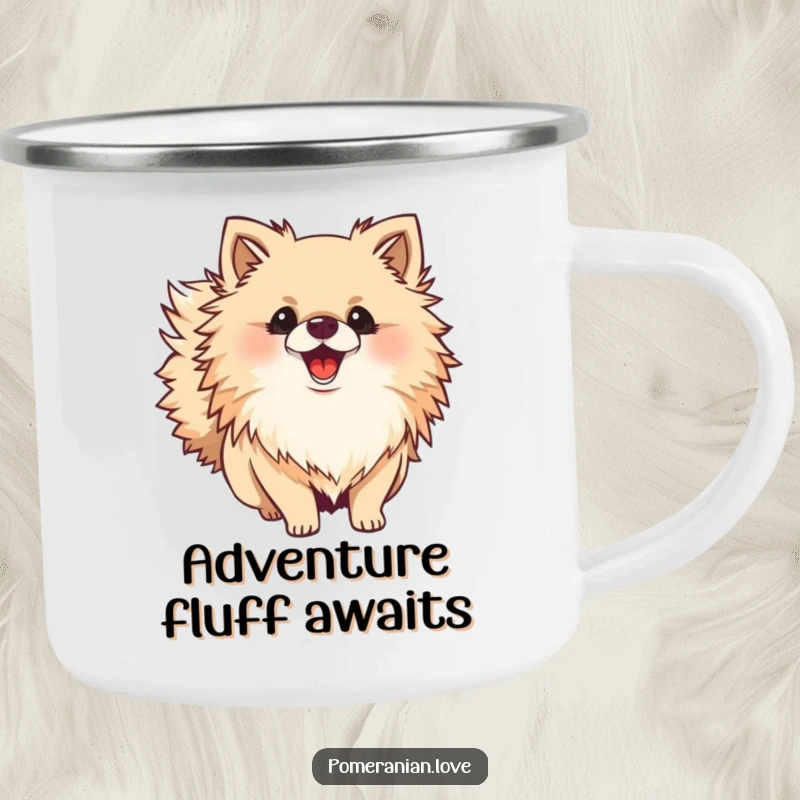 Funny Pomeranian camping mug featuring a fluffy dog with its bushy tail wagging, perfect for outdoor enthusiasts and dog lovers.
