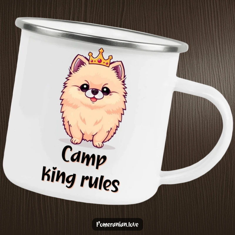 Funny camping mug with a proud Pomeranian wearing a small crown, perfect for enjoying drinks outdoors like royalty.