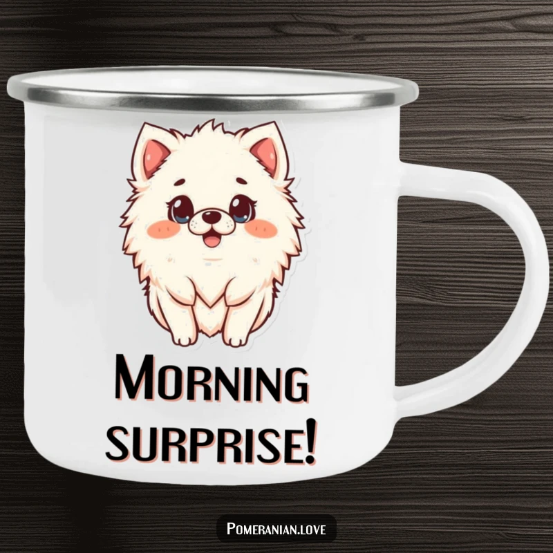 Funny surprised Pomeranian camping mug, a rugged cup with a hilariously shocked dog face, great outdoor gift.