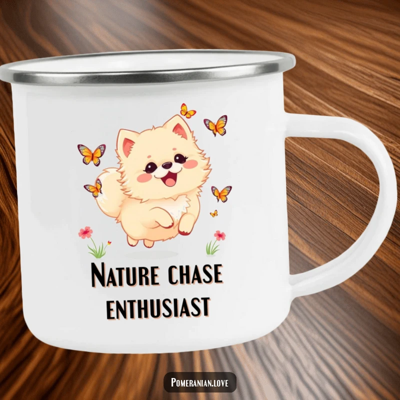 Funny Pomeranian camping mug of a dog joyfully chasing butterflies, perfect for outdoor enthusiasts who enjoy whimsy.
