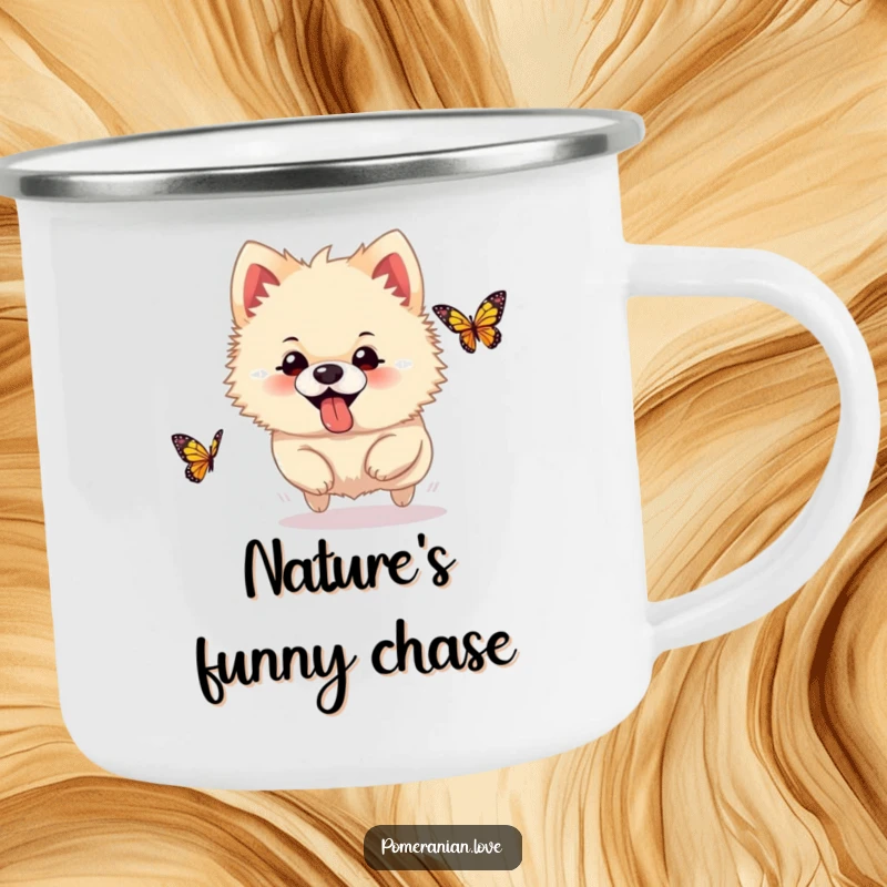 Funny Pomeranian camping mug, a silly dog with tongue out, chasing a butterfly, perfect for outdoor fun.