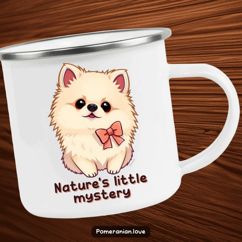 Funny Pomeranian camping mug featuring a dog wearing a tiny bow and tilting its head curiously, ideal for outdoor excursions.