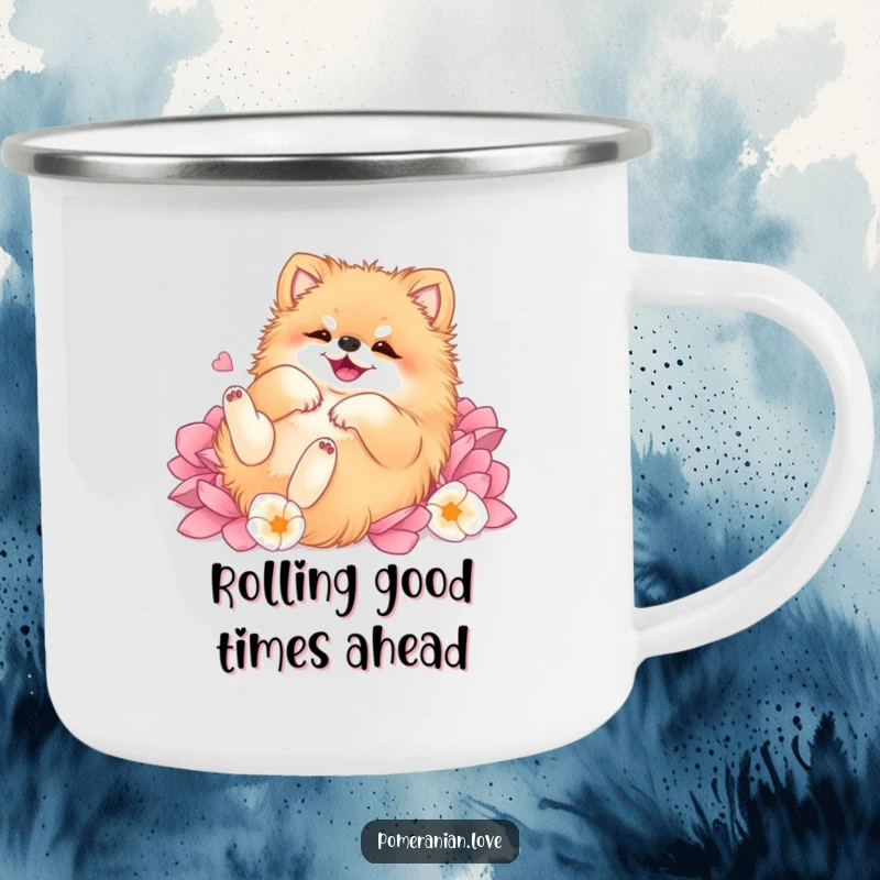 Funny Pomeranian camping mug, showing the dog's pure joy while rolling on its back through a delightful carpet of soft flower petals.