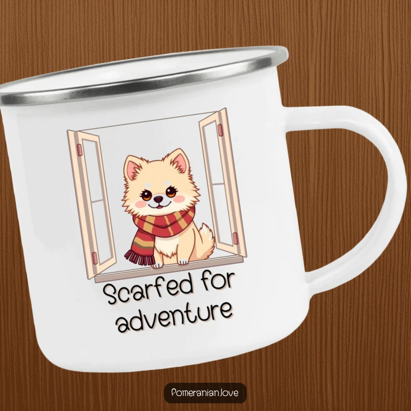 Funny Pomeranian camping mug of a dog with a festive scarf peeking from a window, perfect for holiday outdoor fun.