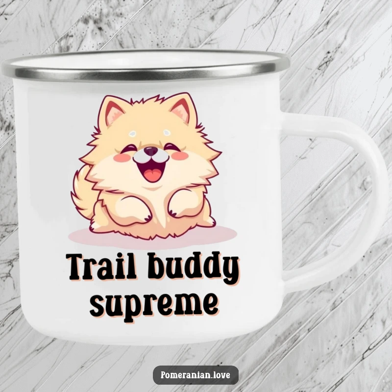 Funny Pomeranian dog rolling over with a joyful yip on a metal camping mug, perfect for adventures.