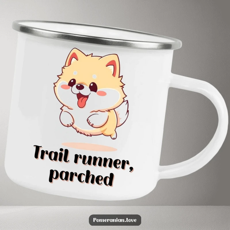 Funny Pomeranian dog running with its tongue out, depicted on a sturdy camping mug for outdoor fun.