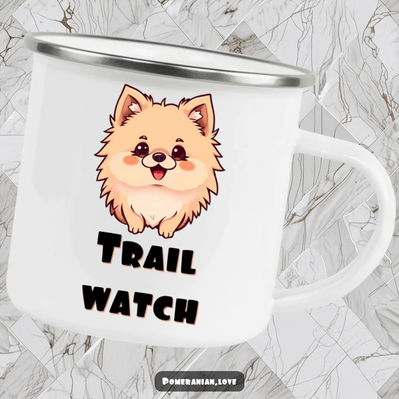 Funny Pomeranian camping mug featuring a delighted dog with perked ears, looking intently, ready for outdoor exploration.