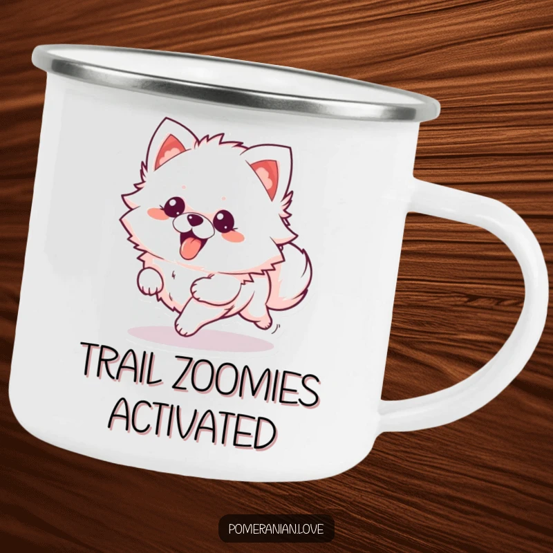 Funny Camping Mug: A fluffy Pomeranian character running with its tongue out, perfect for outdoor adventures.