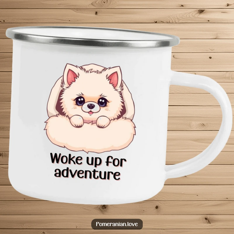 Funny Pomeranian camping mug, a fluffy dog peeking from a bed, with bright, curious eyes, perfect for outdoor mornings.