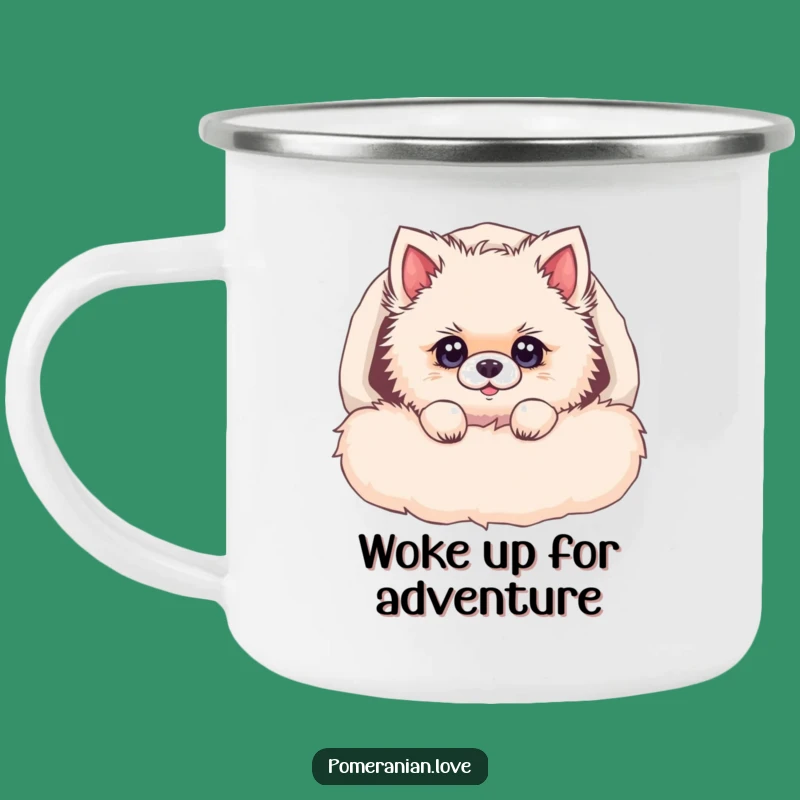 Funny Pomeranian Bed Camping Mug: Curious Pup's Morning View, Outdoor Humor