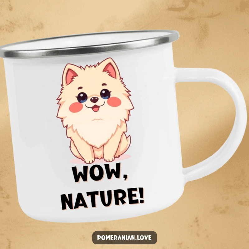 Funny Pomeranian dog with a surprised expression, depicted on a durable camping mug for outdoor fun.