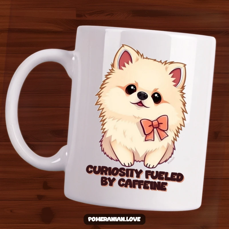 Funny Pomeranian mug featuring a cute dog wearing a small bow and tilting its head curiously, exuding adorable inquisitiveness.