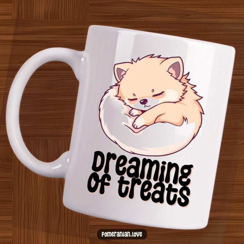 Funny Pomeranian sleeping peacefully curled up on this mug, radiating a sense of calm and adorable relaxation for dog lovers.