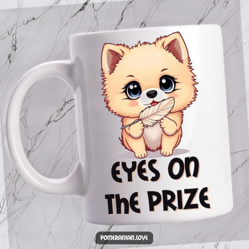 Funny Pomeranian mug featuring a dog with big, bright eyes playfully chasing a feather, capturing innocent joy and playful energy.