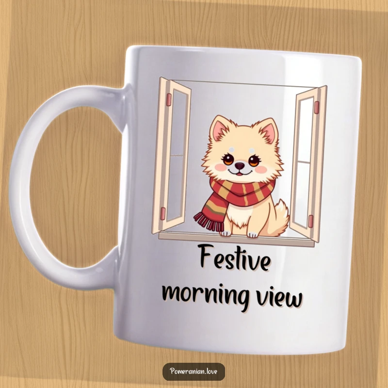 Funny Pomeranian mug showing a dog wearing a festive scarf peeking out a window, evoking holiday spirit and warmth.