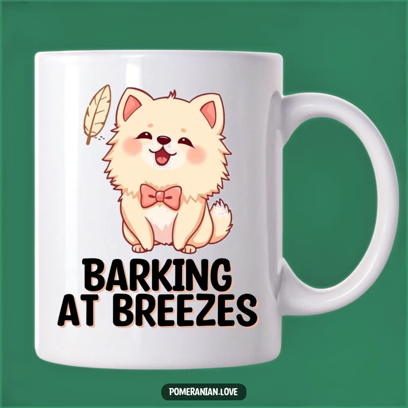 Funny Bowed Pomeranian Mug: Cheerful Barking at Feather for a Whimsical Gift