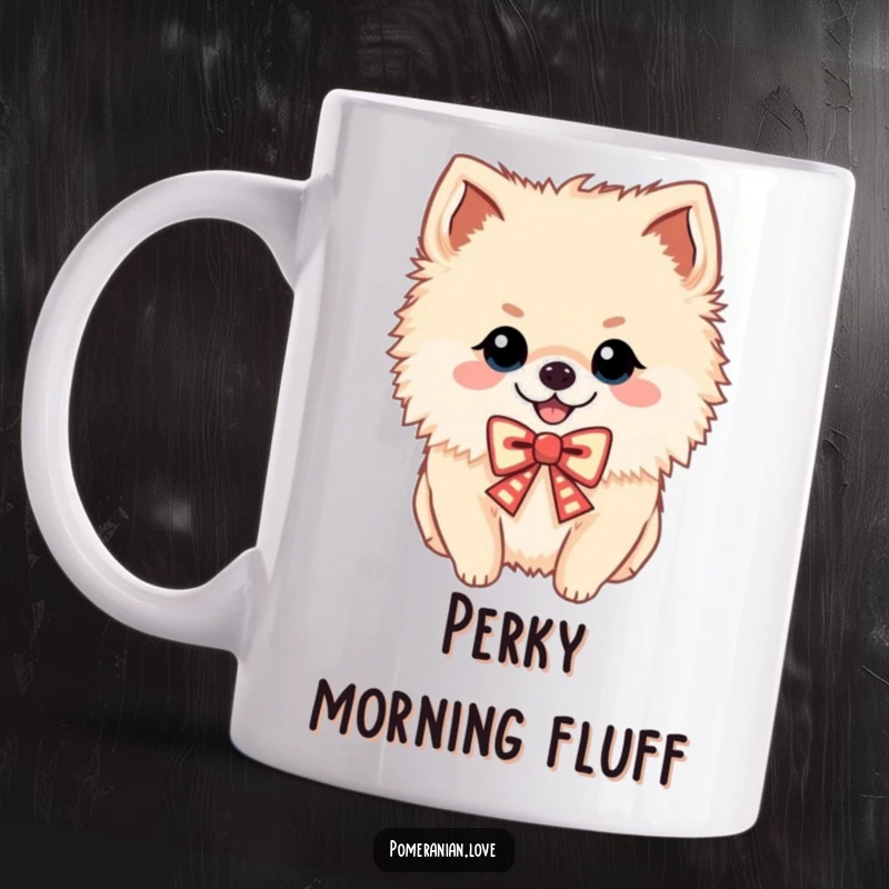 Funny mug with a cheerful Pomeranian wearing a small festive bow, a delightful dog lover gift.