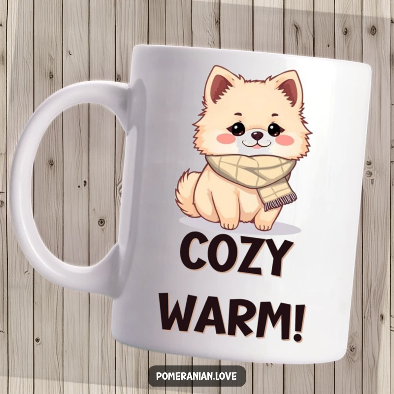 Funny cozy Pomeranian mug, a dog wearing a small scarf looking comfortable, perfect for a funny gift.