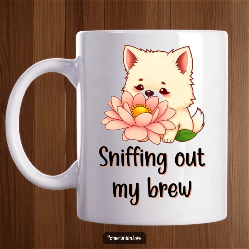Funny mug showing a curious Pomeranian with perked ears intently sniffing a comically oversized, vibrant flower.