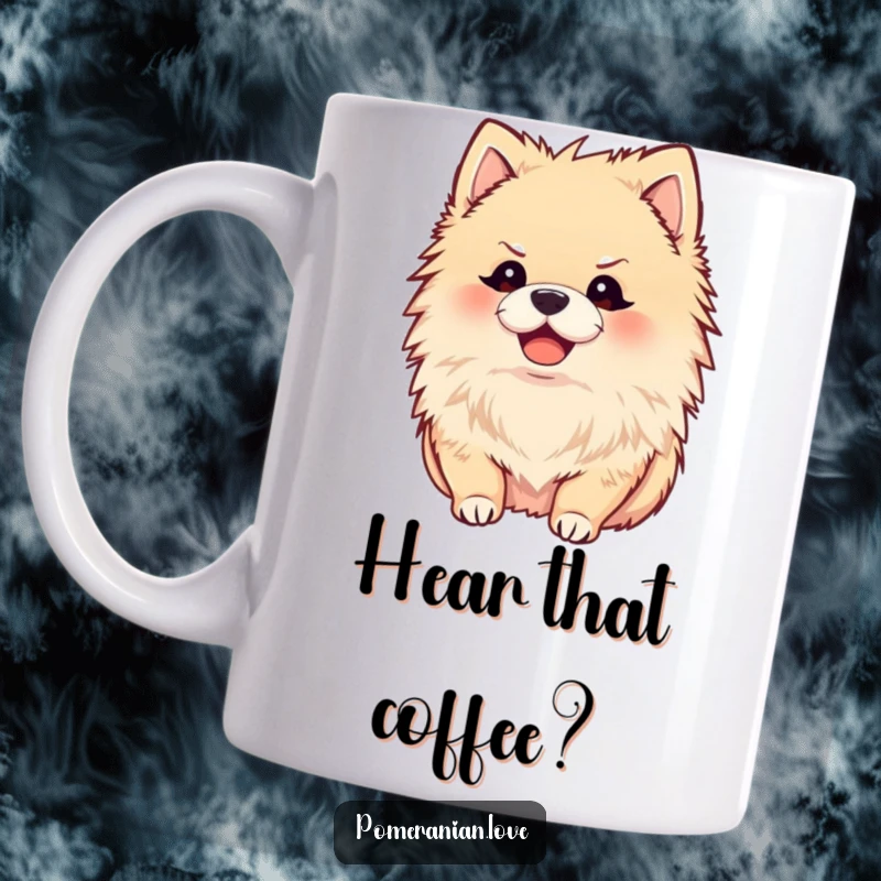 Funny mug featuring a joyful Pomeranian with ears perked, listening intently, a humorous dog lover gift.