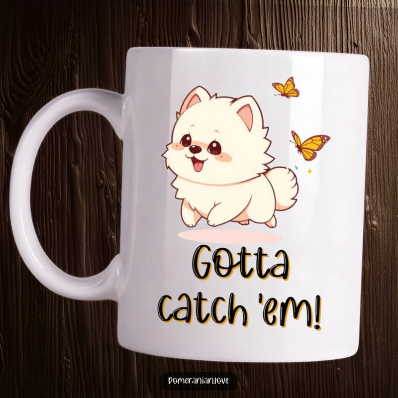 Funny playful Pomeranian mug, a happy dog joyfully chasing a butterfly, perfect for a funny pet gift.