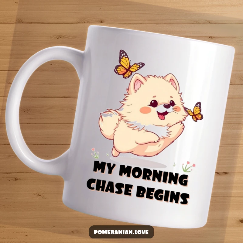 Funny mug featuring a playful Pomeranian dog joyfully chasing a colorful butterfly through a sunny meadow.