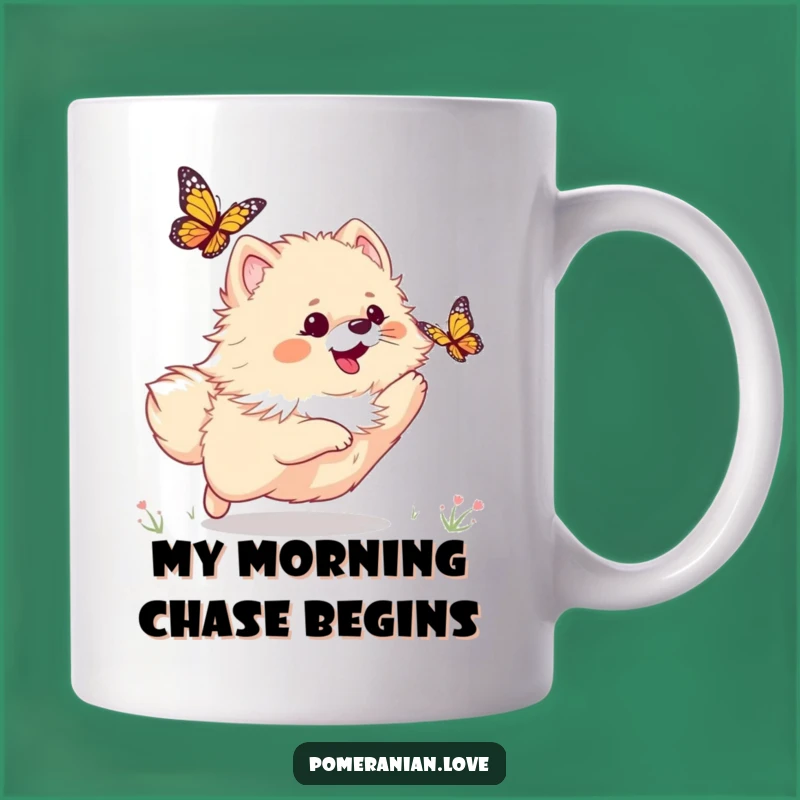 Funny Pomeranian Butterfly Mug: Hilarious Dog Chase Gift for Playful Pup Lovers!