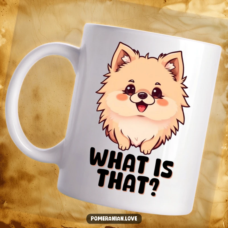 Funny Pomeranian mug featuring a delighted dog with perked ears, looking intently at something, showcasing curiosity and adorable focus.