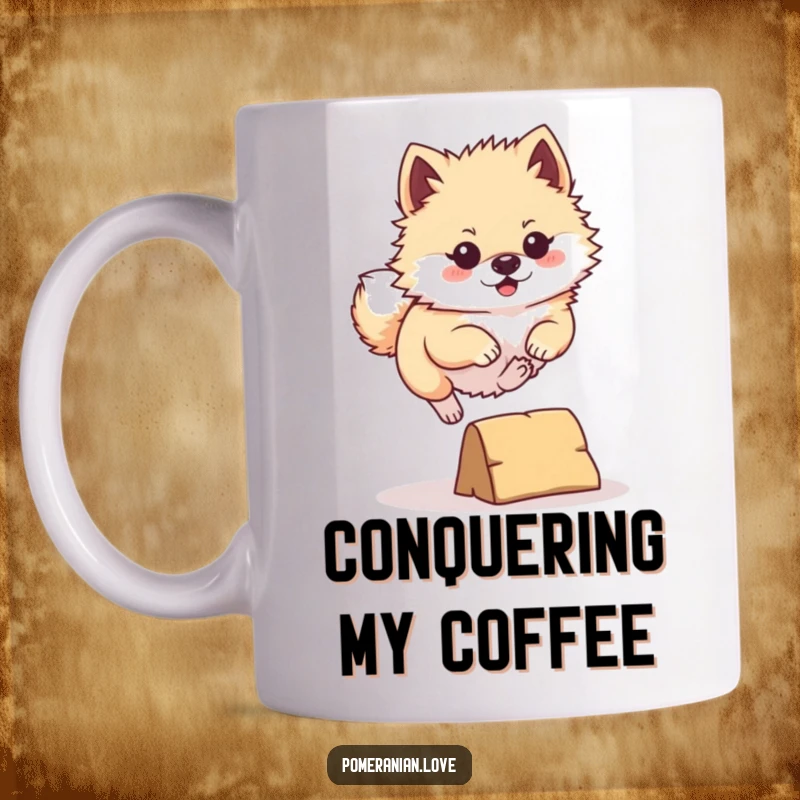 Funny Pomeranian Mug: A determined Pomeranian in mid-leap, energetically clearing a small obstacle with a focused and brave expression.