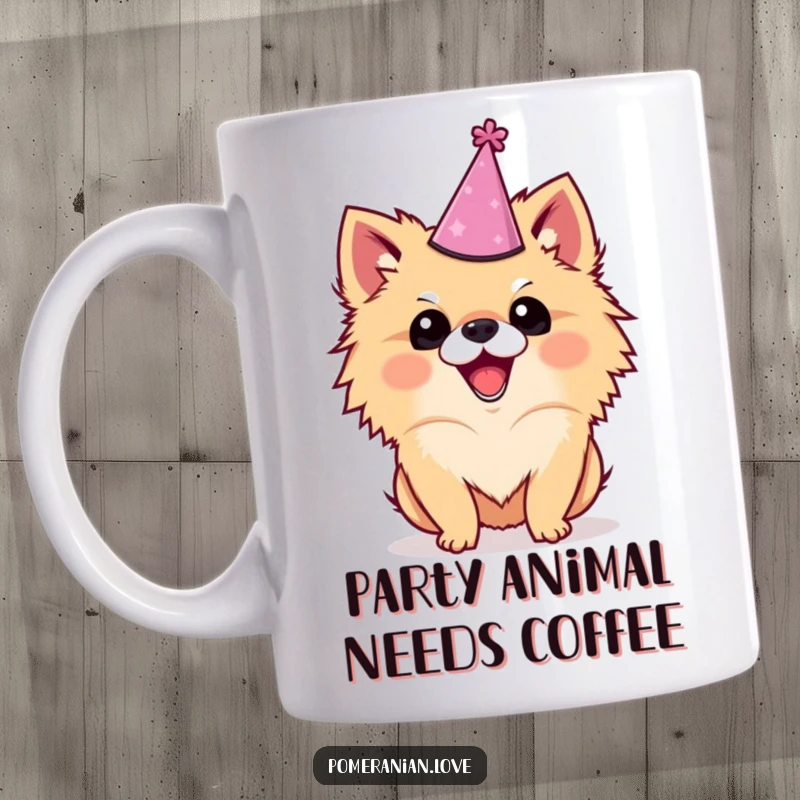 Funny Pomeranian mug with a tiny party hat askew, wagging furiously and radiating pure joy, perfect for dog enthusiasts.