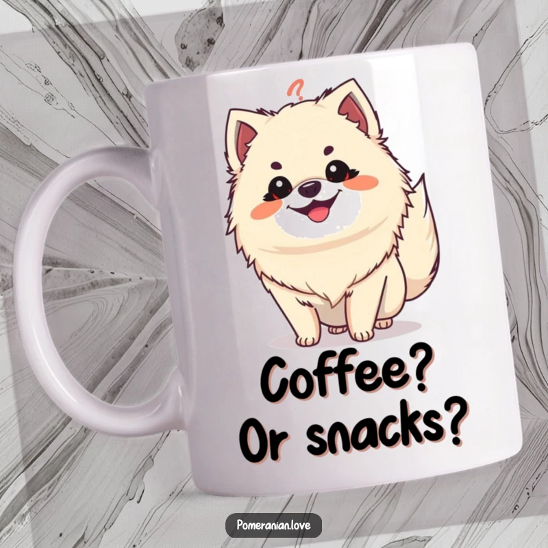 Funny Pomeranian question tail mug, showing a grinning dog with tail high like a question mark, evoking curiosity and humor.